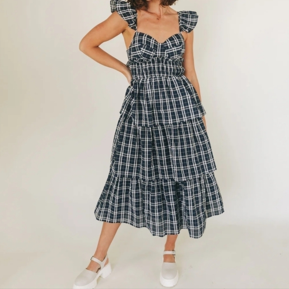 Mable the Label Plaid Ruffle Strap Dress Shirred Waist Tiered Skirt Small